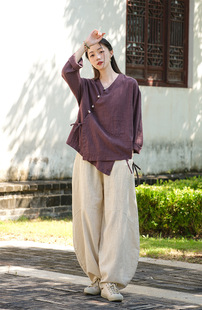 秋冬亚麻汉服斜襟中式长袖茶服开衫瑜伽服套装打坐禅服阔腿灯笼裤