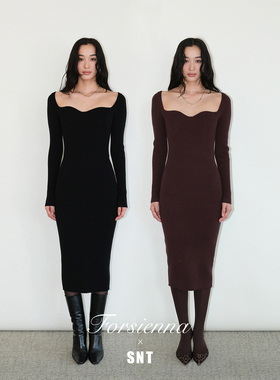 SNT【曲线美学】黑色/咖啡紫 细腻舒适微绒感 复古方领针织连衣裙