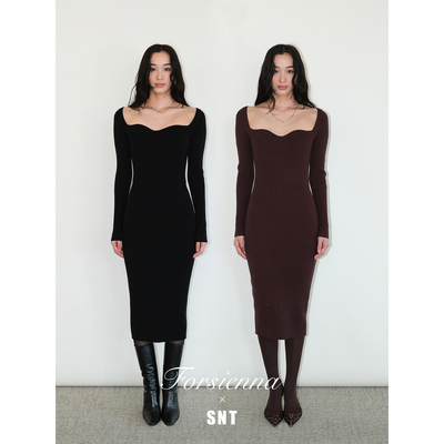 SNT【曲线美学】黑色/咖啡紫 细腻舒适微绒感 复古方领针织连衣裙