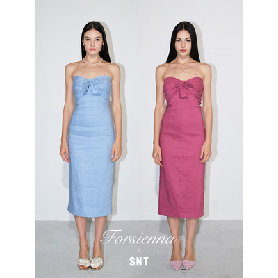 SNT 海盐蓝/梅子红 松弛感亚麻抹胸连衣裙