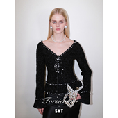 SNT 后珍珠扣设计V领小香上衣 前后可两穿 天鹅颈 定制珍珠项链