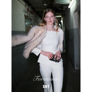 SNT【权威姐感套装】 贵气复古进口澳毛一字肩上衣/高腰长裤