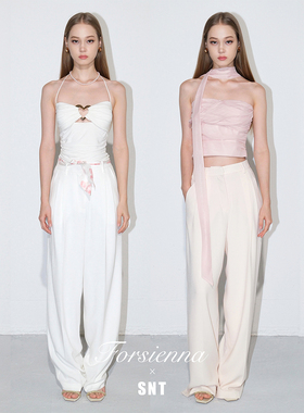 SNT 杏色/白色 显瘦垂坠 爽滑醋酸面料 微萝卜裤