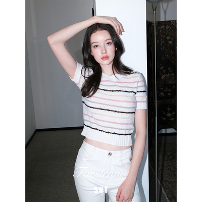 SNT【彩虹幻想】彩色纱线条纹棉麻混纺罗纹透气针织短袖上衣