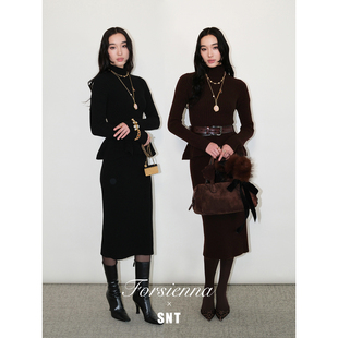 比例密码 波浪摆上衣半裙针织套装 咖色 修身 黑色 SNT