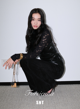 SNT【辣姐】米白/黑色 绒感蕾丝拼皮假两件上衣