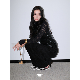 黑色 米白 绒感蕾丝拼皮假两件上衣 辣姐 SNT