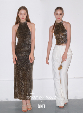 SNT【蛇蝎美人】韩国进口金银丝 新中式挂脖上衣/露背连衣裙