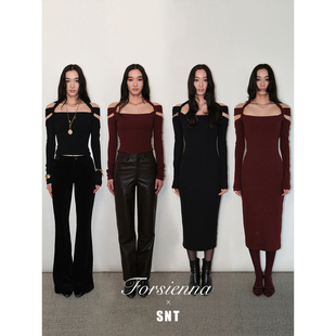 黑色 波尔多红 设计感挂脖针织连衣裙 优雅定义 SNT