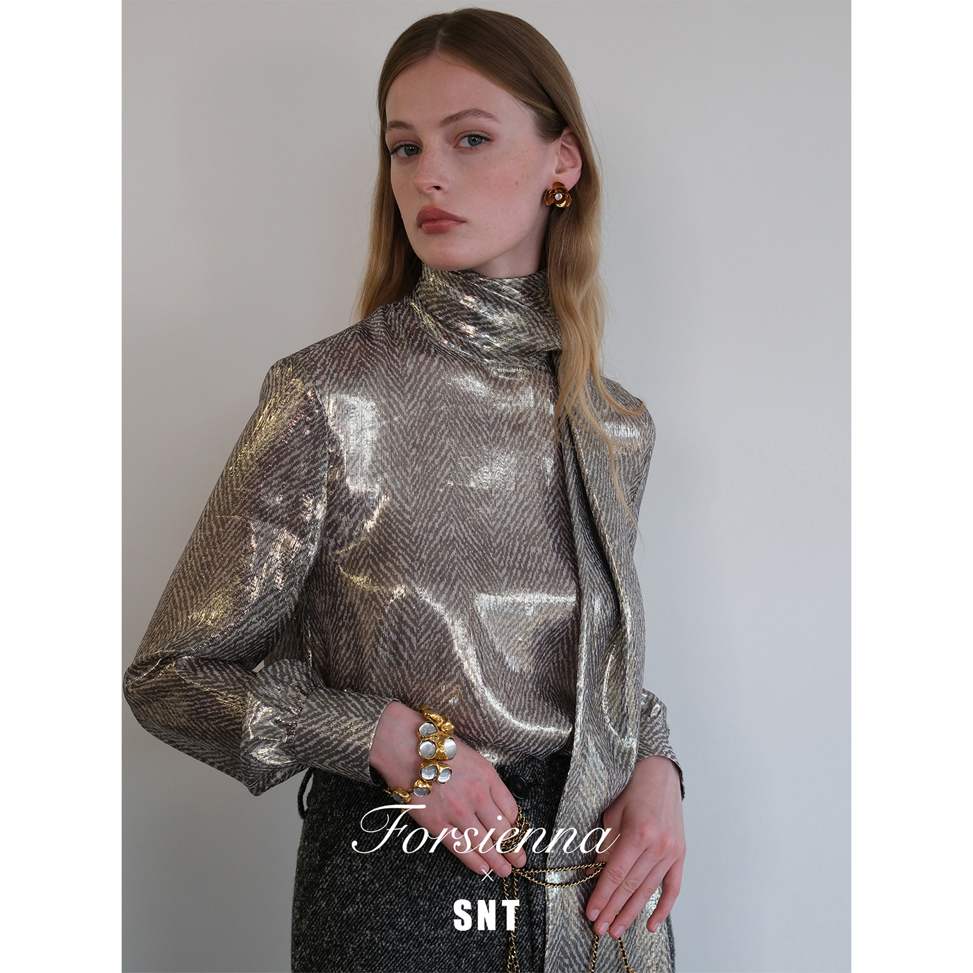 SNT 盖茨比风奢华真丝金属斜纹印花 超大飘带衬衣