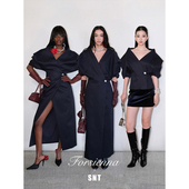 超长款 SNT 优雅时髦藏青色大V领短款 风衣外套