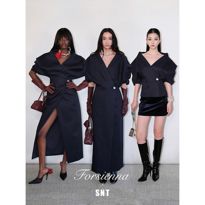 SNT 优雅时髦藏青色大V领短款/超长款风衣外套