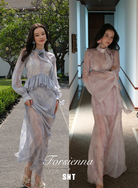 SNT【浪漫涟漪】韩国进口亮丝水波纹荷叶边插肩袖套装