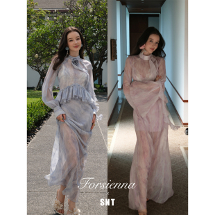 套装 韩国进口亮丝水波纹荷叶边插肩袖 浪漫涟漪 SNT