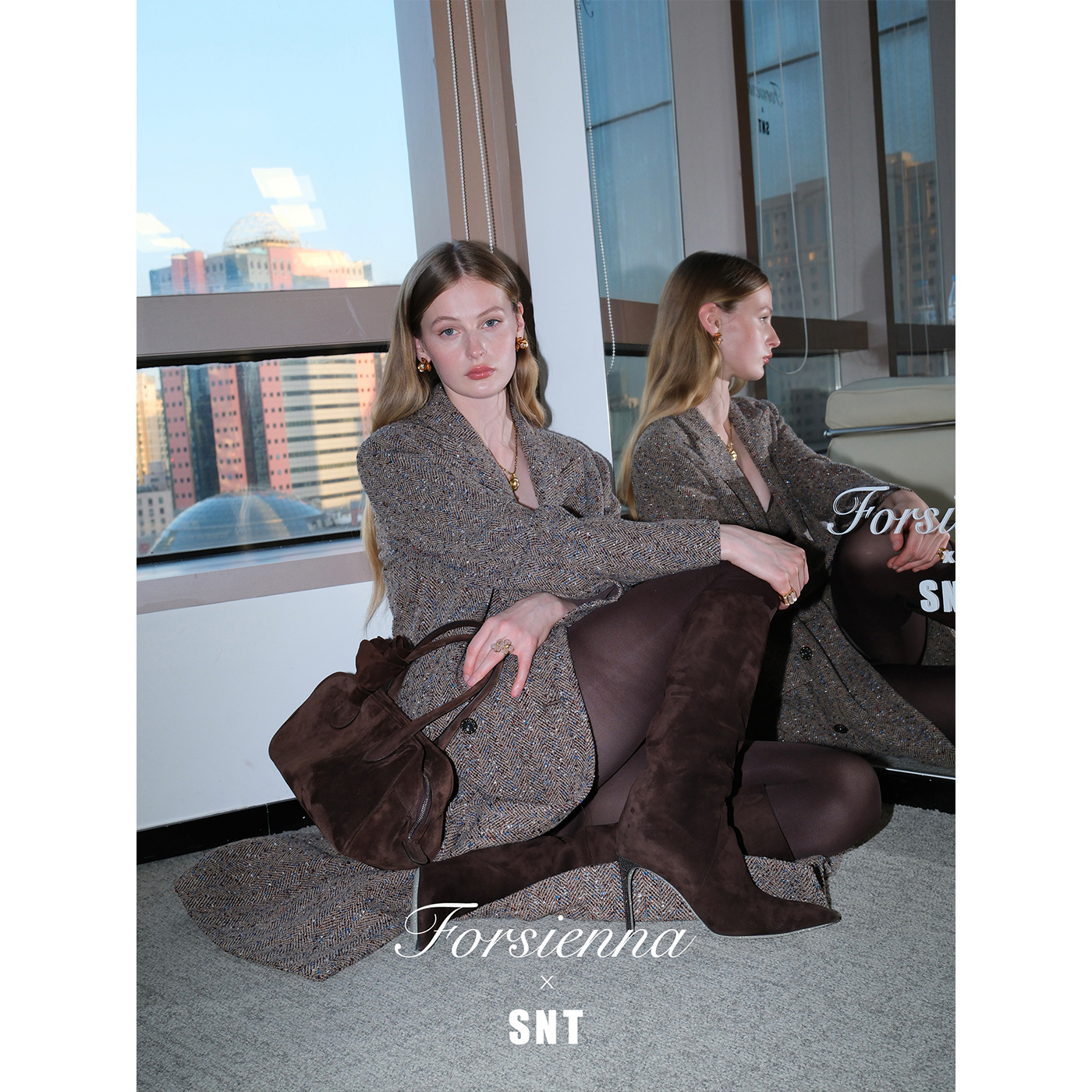 SNT【红蓝宝石】立体金属丝斜纹长款羊毛大衣/抹胸裙