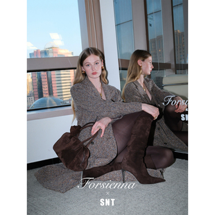 SNT【红蓝宝石】立体金属丝斜纹长款羊毛大衣/抹胸裙