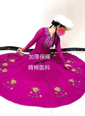 新疆冬季新款半截裙舞蹈裙子大摆长裙加厚麦西莱依普舞蹈裙子