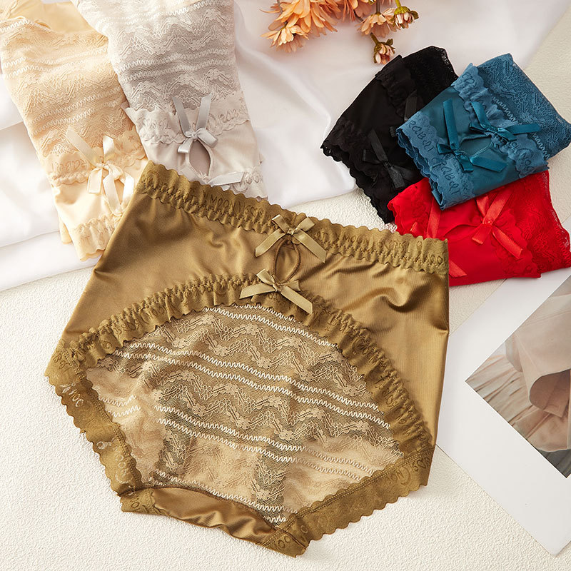 性感高弹缎面拼蕾丝大码女内裤
