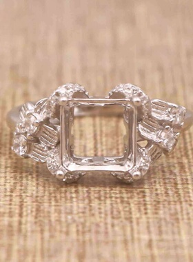 正方形925银戴妃款戒指空托围锆代裸石镶嵌18k金 戒指空托活口