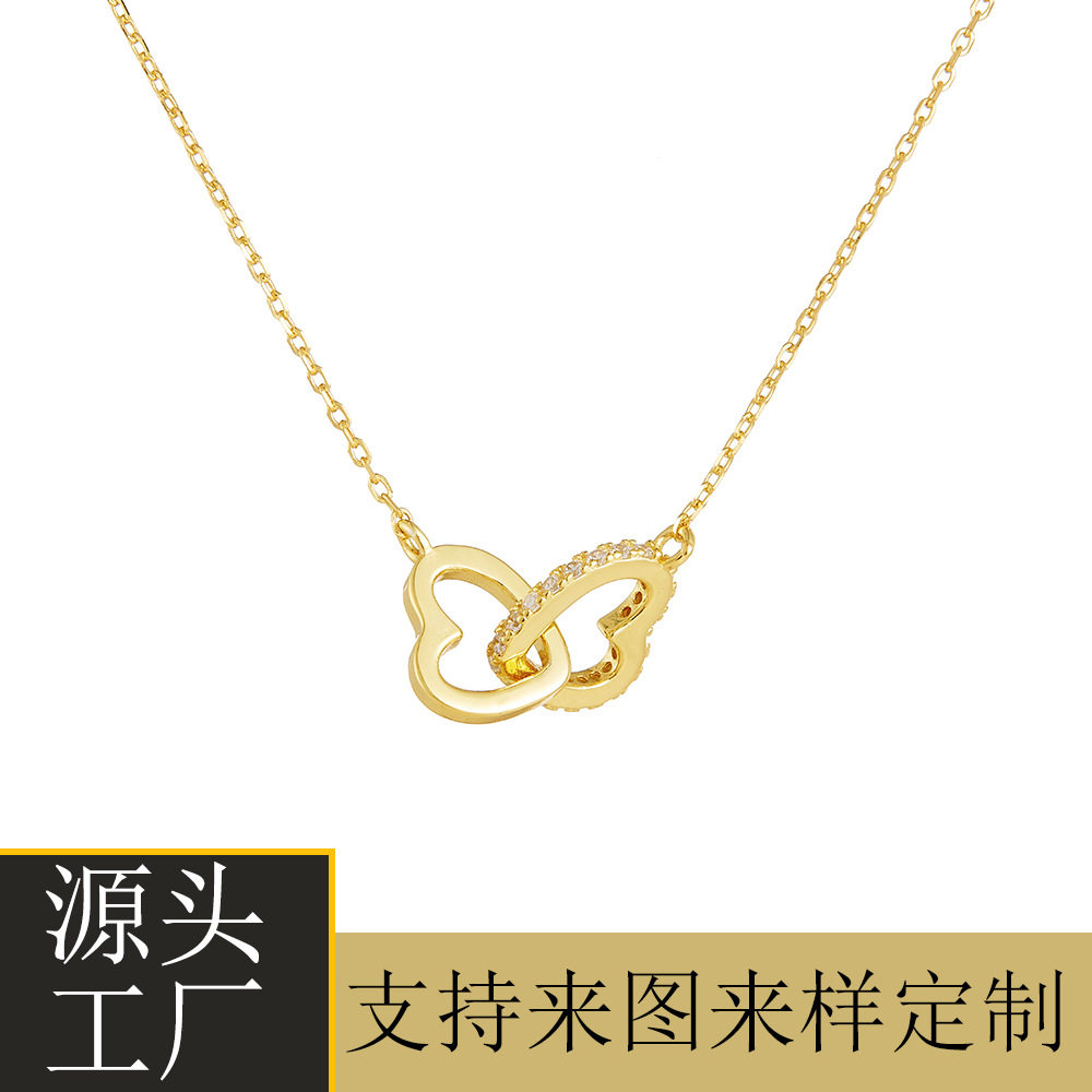 韩版ins心形百搭锁骨链银饰925纯银简约镶钻爱心相扣项链厂家定制