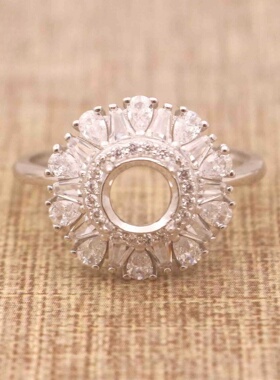 圆形925银戴妃款戒指空托围锆代裸石镶嵌18k金多规格戒指空托活口