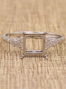 正方形925银戴妃款戒指空托围锆代裸石镶嵌18k金 戒指空托活口