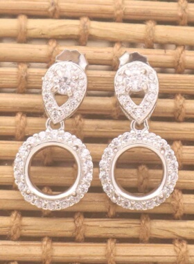 圆形925银戴妃款耳坠空托围锆代裸石镶嵌18k金多规格耳坠首饰空托