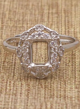 长方形925银戴妃款戒指空托围锆代裸石镶嵌18k金戒指空托活口