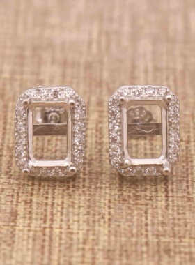 长方形925银戴妃款耳钉空托围锆代裸石镶嵌18k金多规格首饰空托