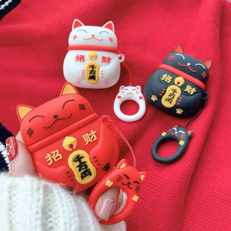 卡通新年款招财猫AirPods Pro保护套适用苹果1/2耳机壳airpods3代Pro2防摔耳机套创意5代硅胶盒软可爱男女4代