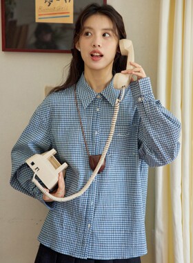 Nov elist什一 复古字母刺绣长袖衬衣女法式宽松格子衬衫上衣