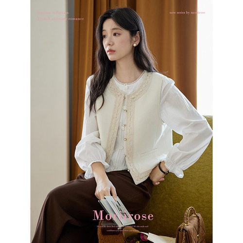 Moriirose 米色圆领花边排扣短款小香风背心马甲女秋复古叠穿马