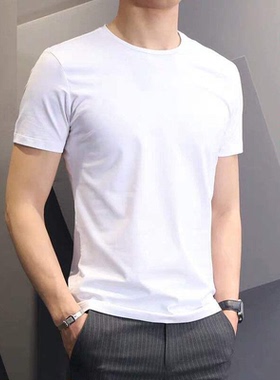 男士纯白色短袖t恤半袖纯色打底衫健身修身体恤社会紧身纯棉衣服