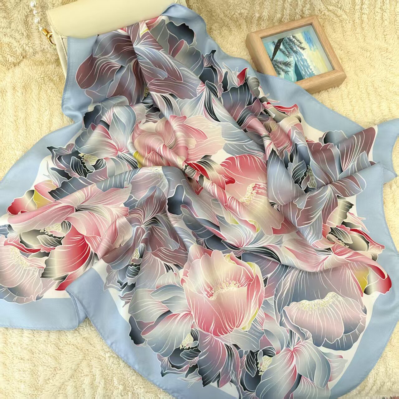 新中式古典高级牡丹桑蚕丝斜纹中方巾真丝丝巾女装饰双面印领巾