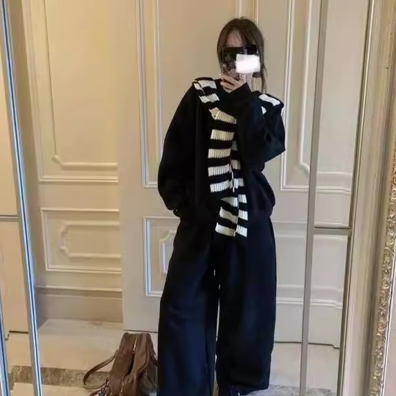 韩系宽松慵懒长袖上衣垂感阔腿裤