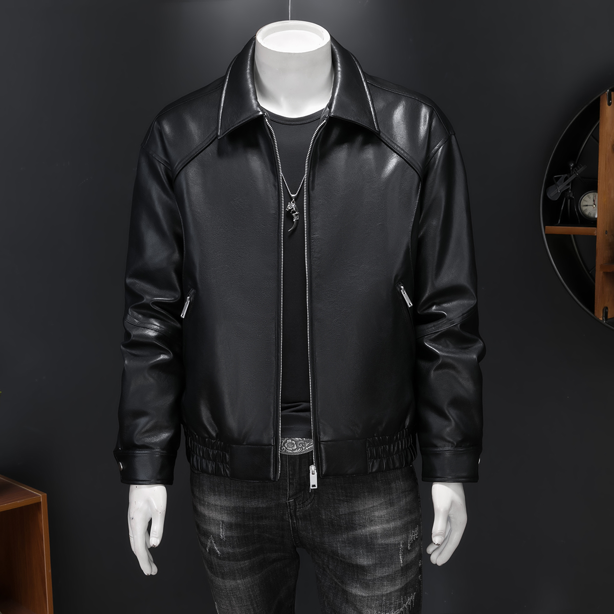 新标90白鸭绒原创设计男士宽松短款PU皮衣羽绒服75536P330，男装皮衣，电商D216