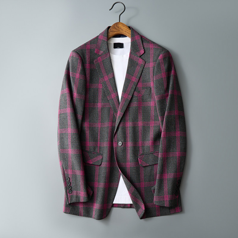 平铺图2025年男士休闲西服修身西装格子单西外套上衣DX6970P165，男装西服套装，电商D216