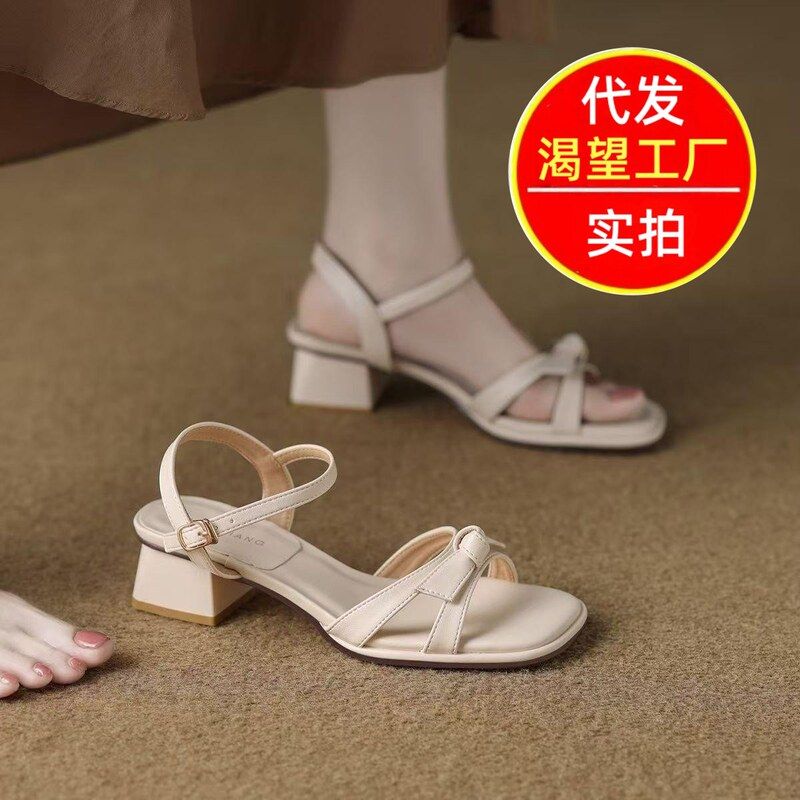 年女粗跟带露蝴蝶结时尚夏季通勤