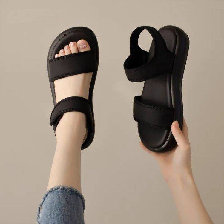 妈妈凉拖平底凉鞋黑色2025软底女魔术贴女海边沙滩鞋新款运动夏季