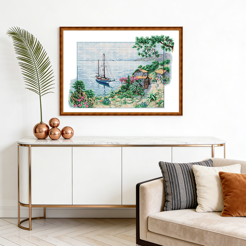 地中海海岸帆船十字绣 海边小镇风景横版客厅 DIY 手工挂画绣画