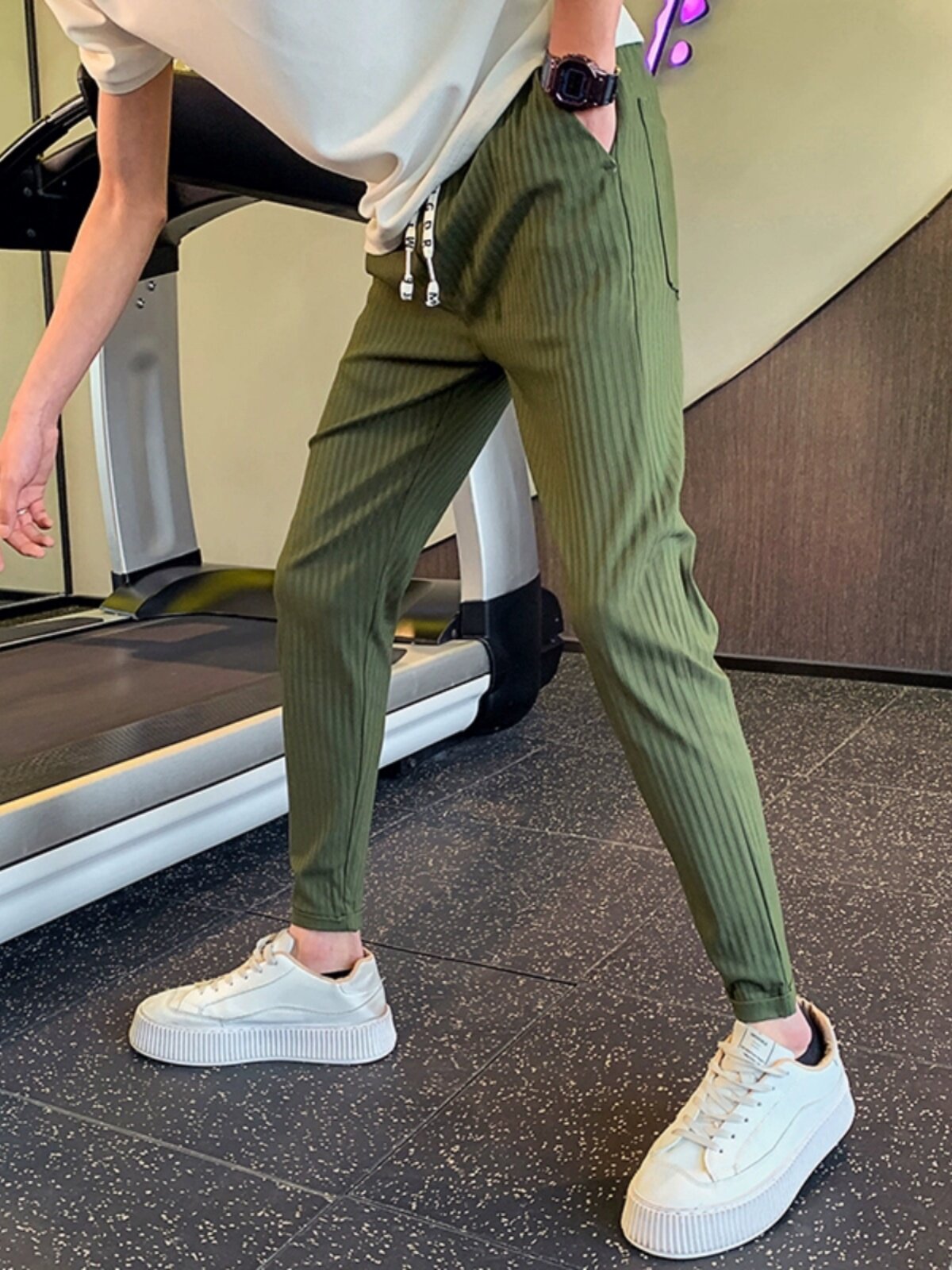 OBOY 여름 얇은 슬림 핏 캐주얼 바지 남성 트렌디 브랜드 잘 생긴 탄성 작은 다리 바지 인기 한국 스타일 졸라 매는 끈 긴 바지