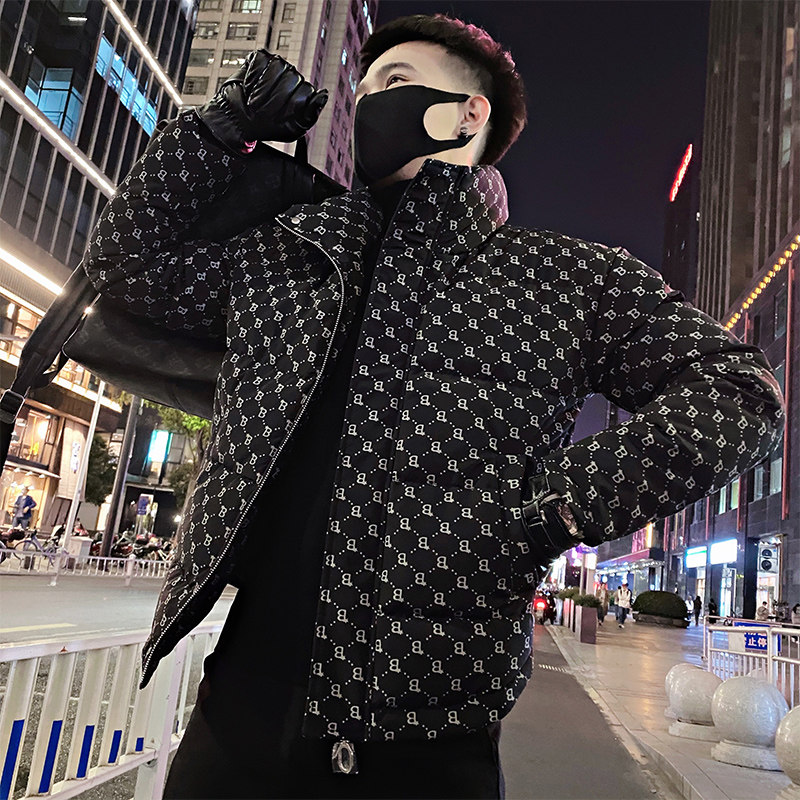 OBOY의 인기 겨울 스타일 남성용 풀 프린트 스탠드업 칼라 코튼 재킷 2024 트렌디 브랜드 슬림핏 코튼 재킷 트렌디하고 잘생긴 따뜻한 코튼 재킷
