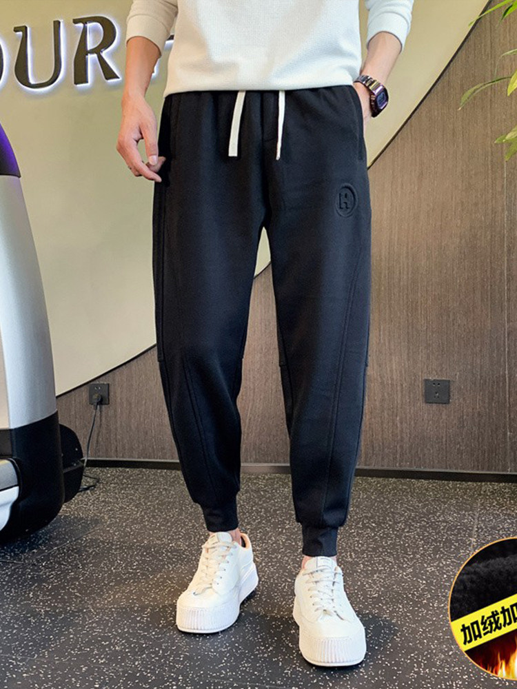 OBOY 봄 가을 벨벳 두꺼운 레깅스 스웨트 팬츠 남성 트렌디 브랜드 잘 생긴 캐주얼 바지 2024 새로운 느슨한 스포츠 바지