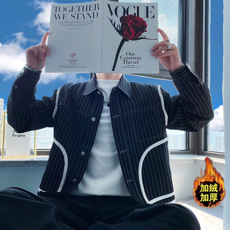 OBOY 봄 가을 스트라이프 재킷 남성 트렌디 브랜드 잘생긴 스티치 플러스 벨벳 재킷 트렌디 패션 옷깃 남성 탑