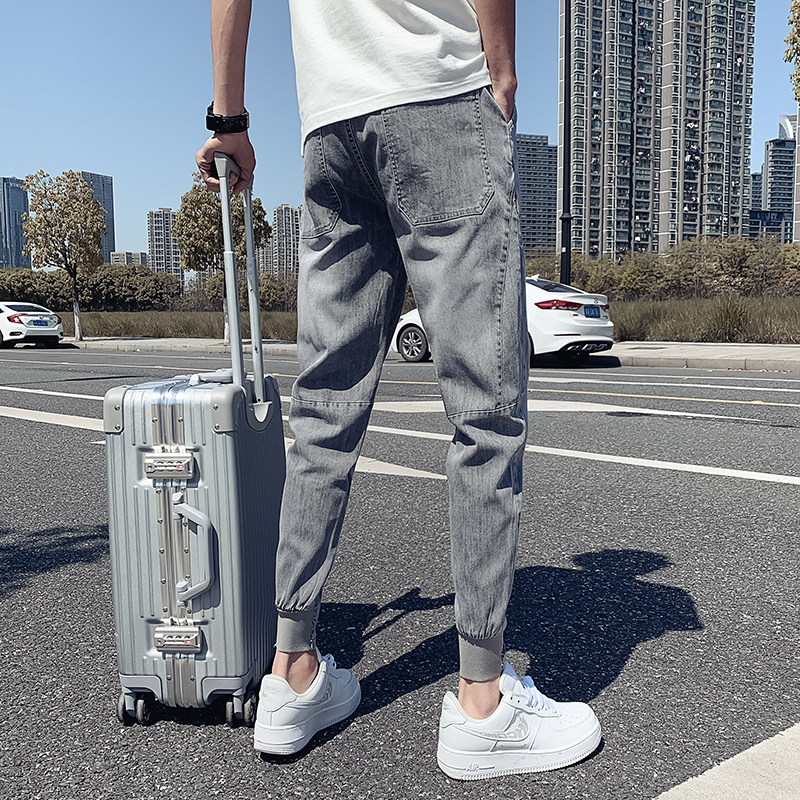 오보이 여름 얇은 밝은 컬러의 찢어진 청바지 남성 트렌디하고 핸섬한 슬림핏 레깅스 다재다능한 신축성 레깅스