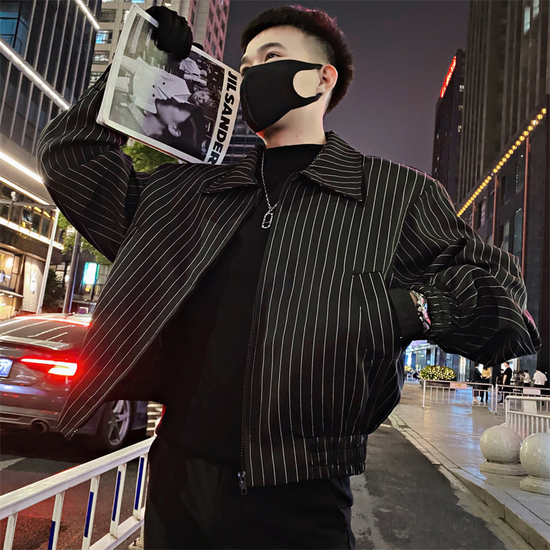 OBOY 봄 가을 패션 스트라이프 캐주얼 재킷 남자의 멋진 블랙 옷깃 탑 잘 생긴 개성 다재다능한 재킷