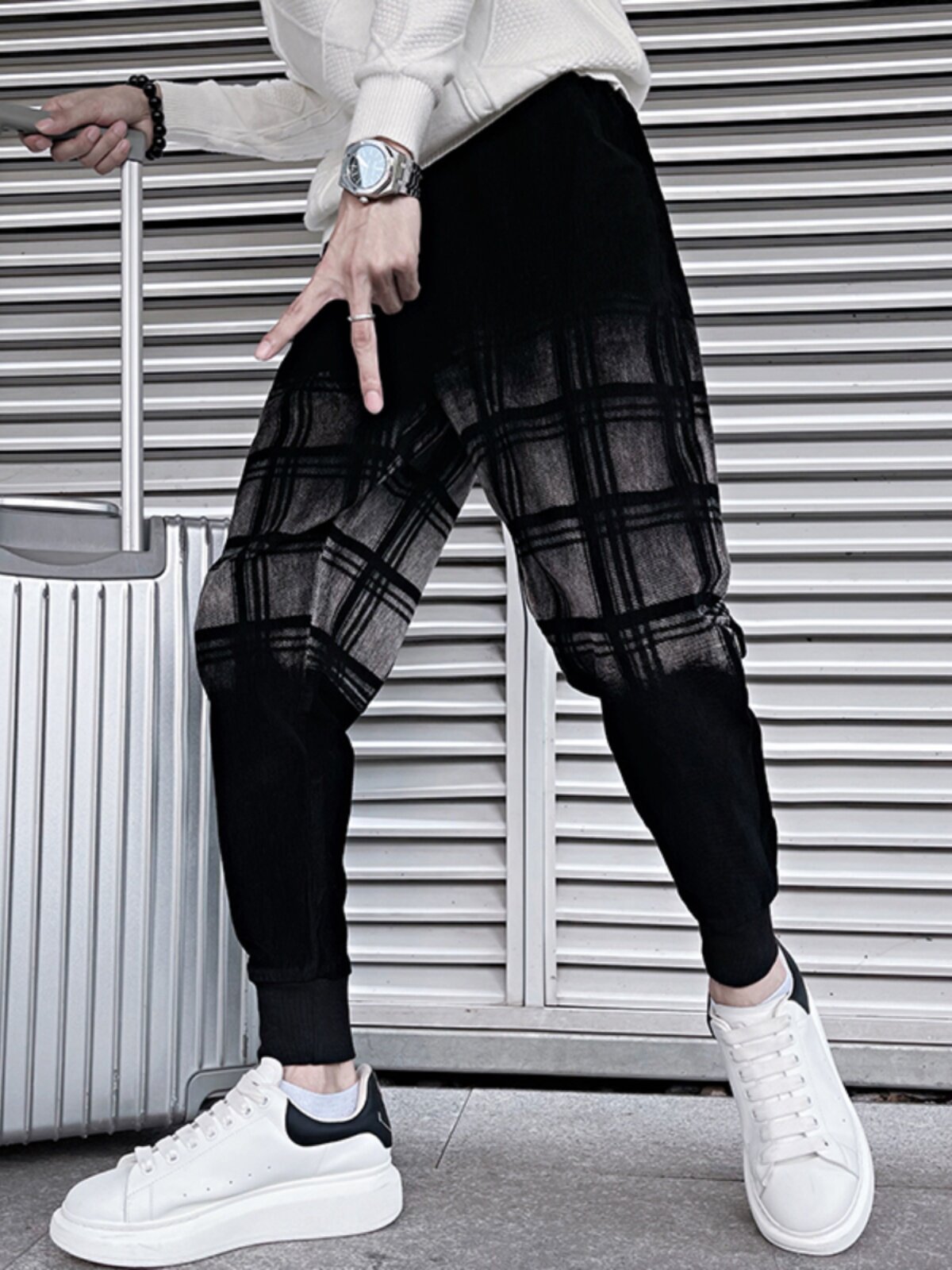 OBOY 봄 가을 디자인 셔닐 그라데이션 자카드 레깅스 남성 트렌디 브랜드 잘 생긴 슬림 스트레치 캐주얼 바지