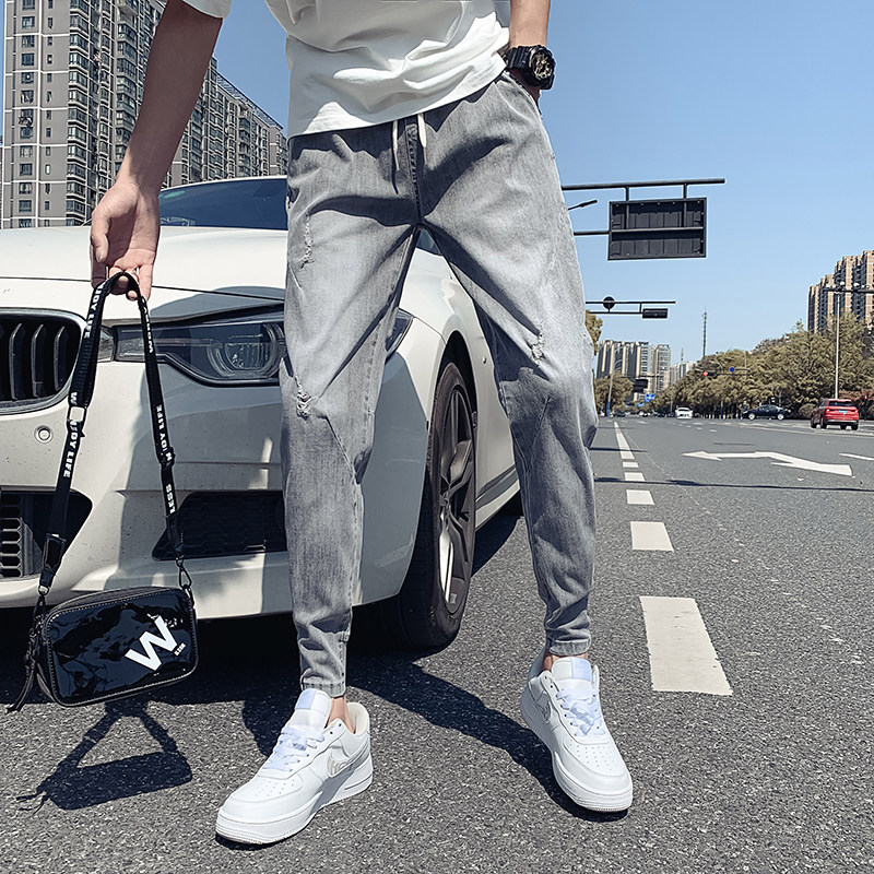 오보이 여름 얇은 밝은 컬러의 찢어진 청바지 남성 트렌디하고 핸섬한 슬림핏 레깅스 다재다능한 신축성 레깅스
