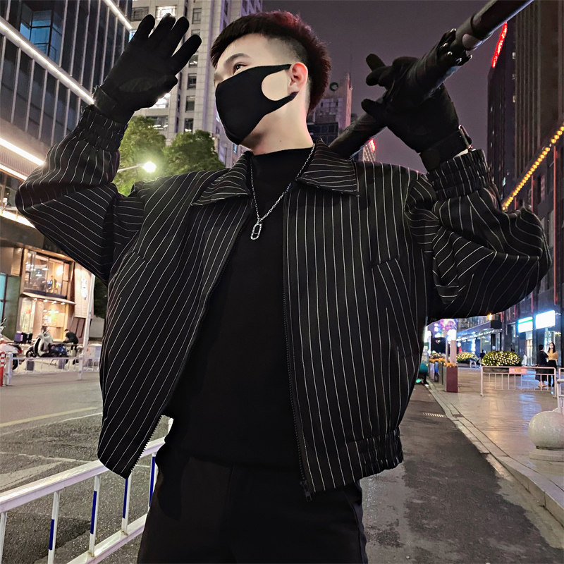OBOY 봄 가을 패션 스트라이프 캐주얼 재킷 남자의 멋진 블랙 옷깃 탑 잘 생긴 개성 다재다능한 재킷