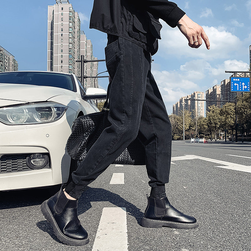 오보이 봄 가을 한국식 스트레치 남성 캐주얼 팬츠 트렌디한 브랜드 스플라이싱 슬림핏 팬츠 멋스럽고 활용도가 높은 남성용 작은 다리 팬츠
